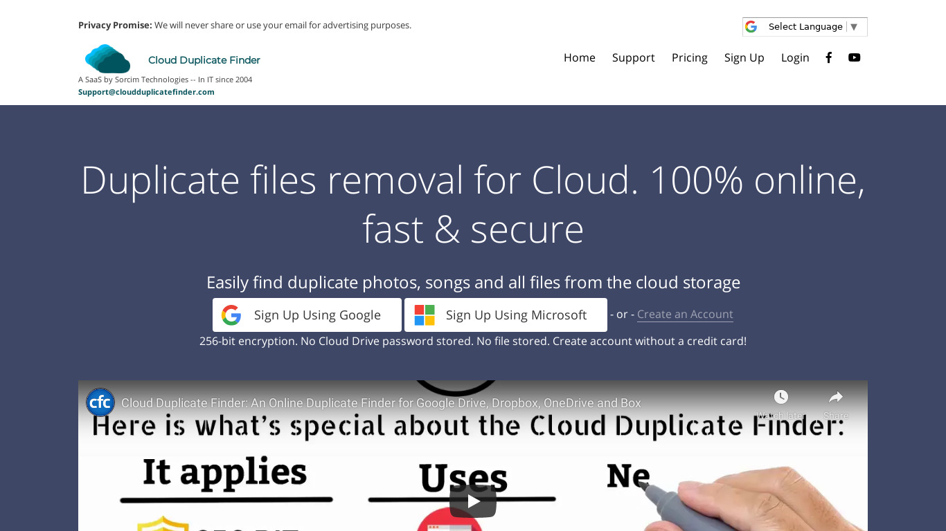 Cloud Duplicate Finder Landing page