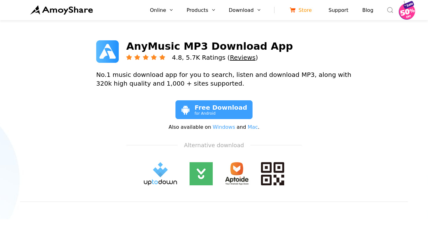 AnyMusic – Free MP3 Downloader Landing page