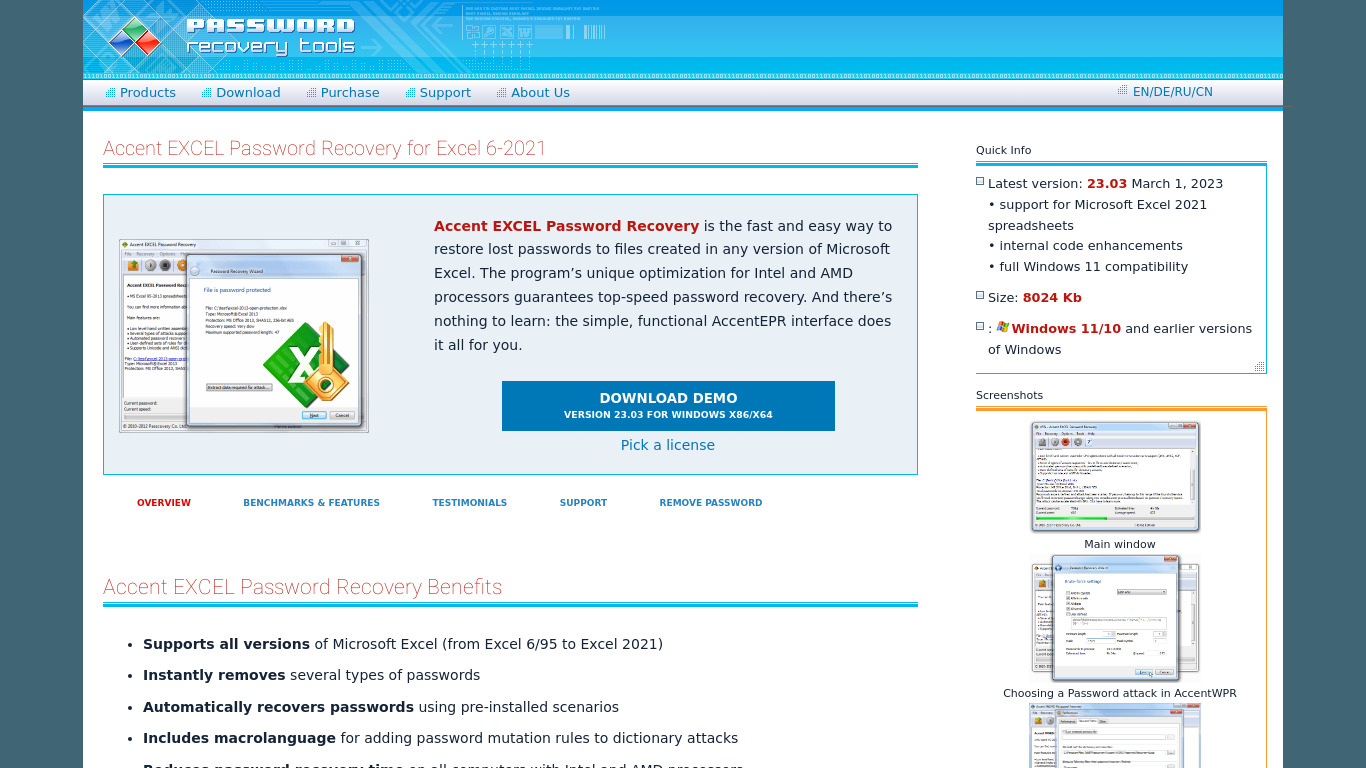 Accent EXCEL Password Recovery  Passcovery Landing page
