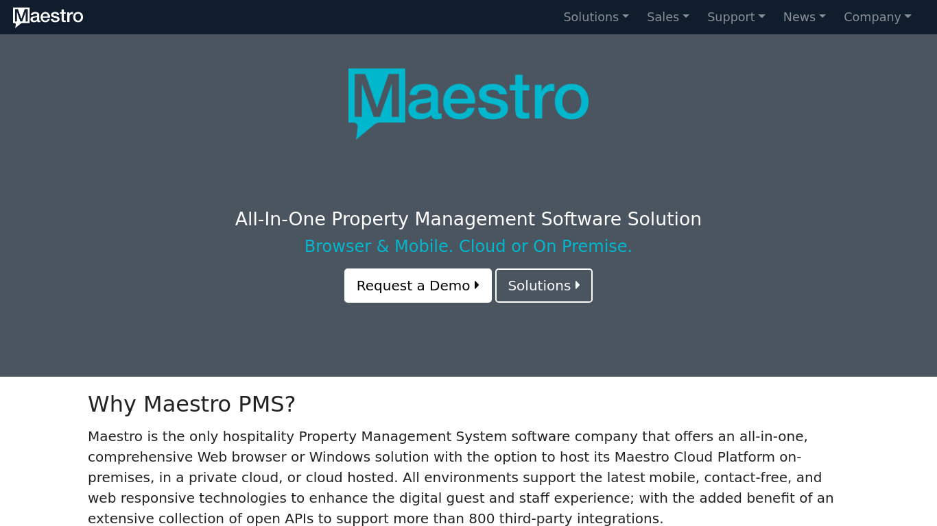 Maestro PMS Landing page