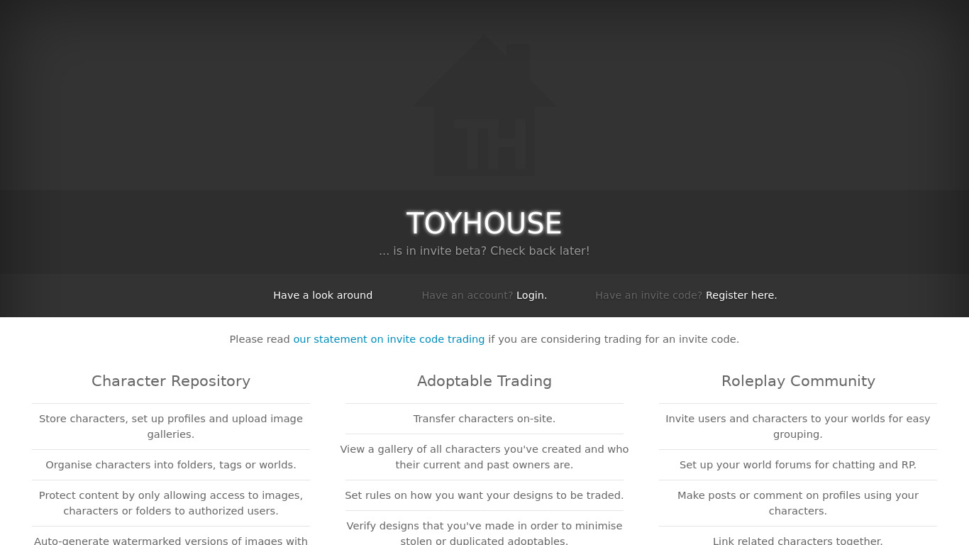 Toyhouse Landing page