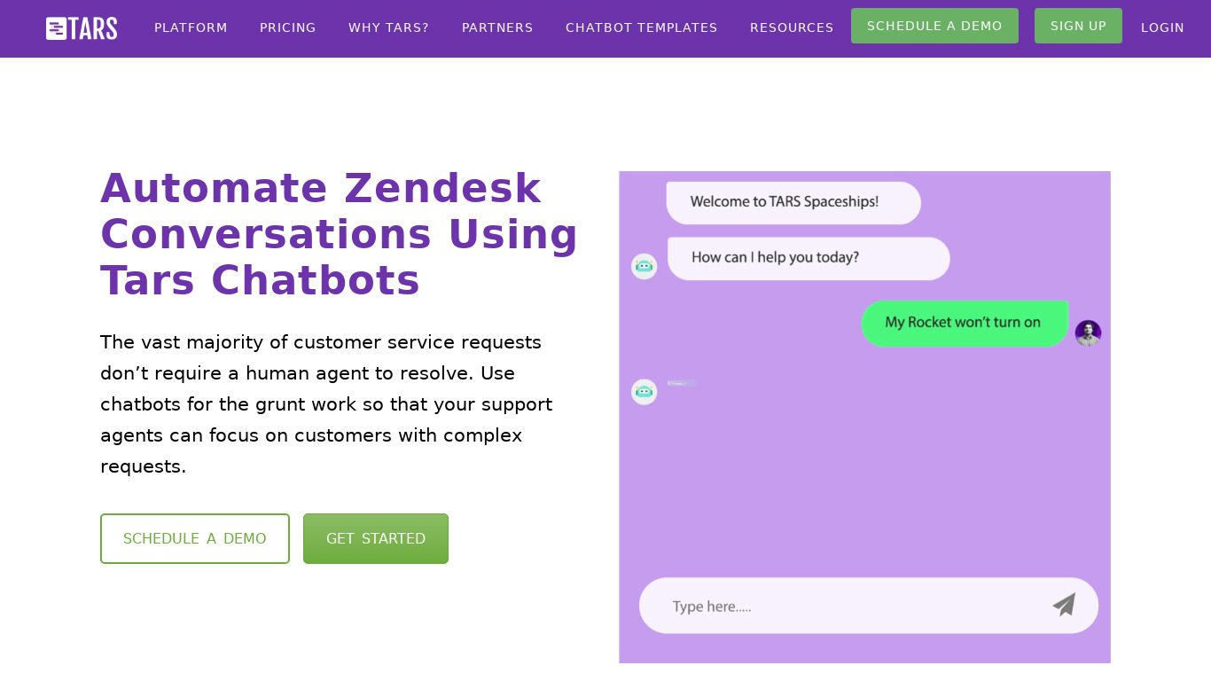 Tars Chatbot 🔗 Zendesk Chat Landing page