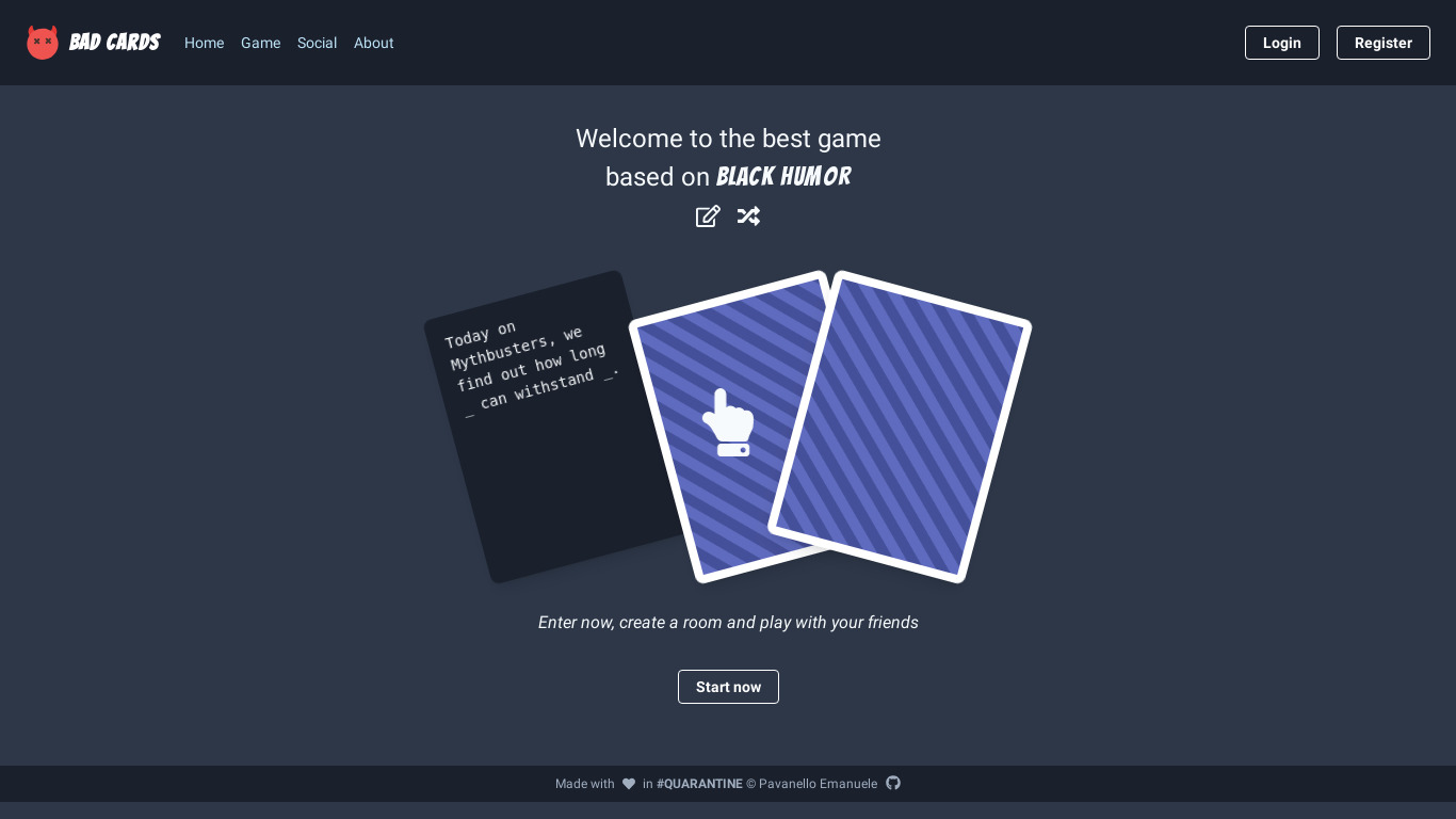 Bad Cards Landing page