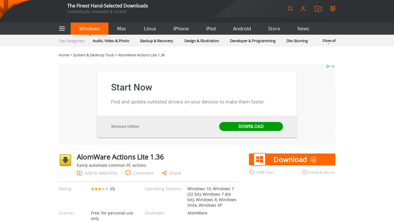AlomWare Actions Landing page