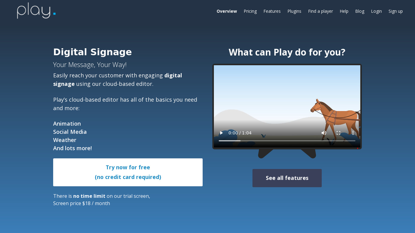 Play. digital signage Landing page