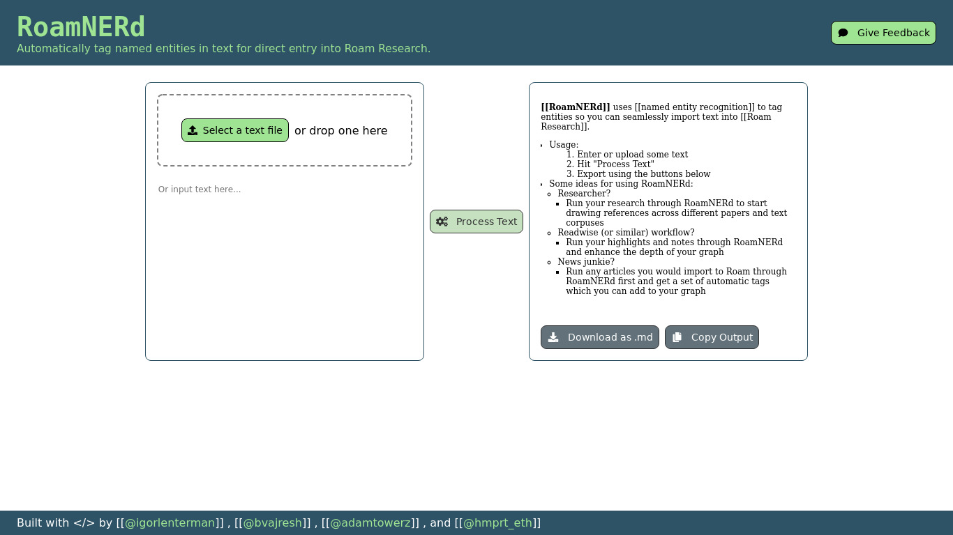 RoamNERd Landing page
