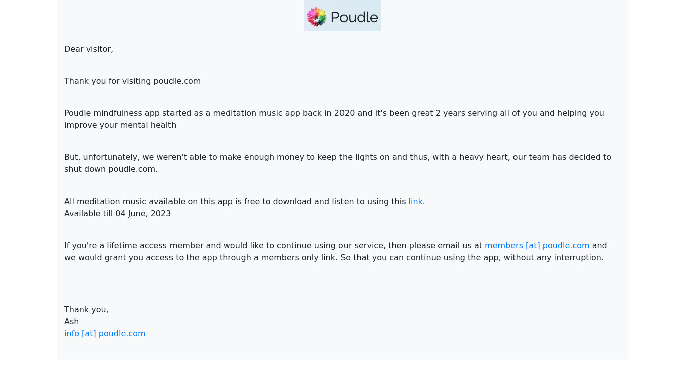 Poudle Mindfulness App Landing page