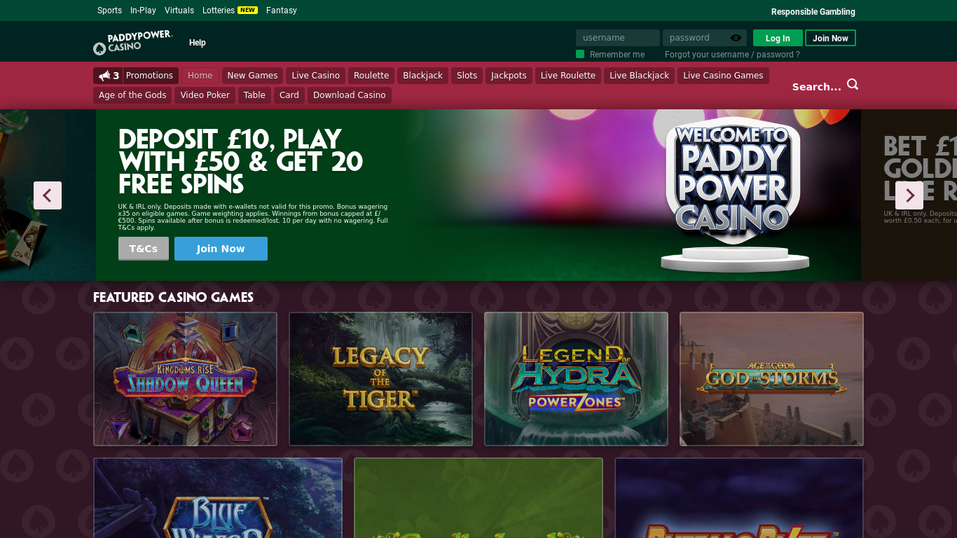 Paddy Power Casino & Roulette Landing page