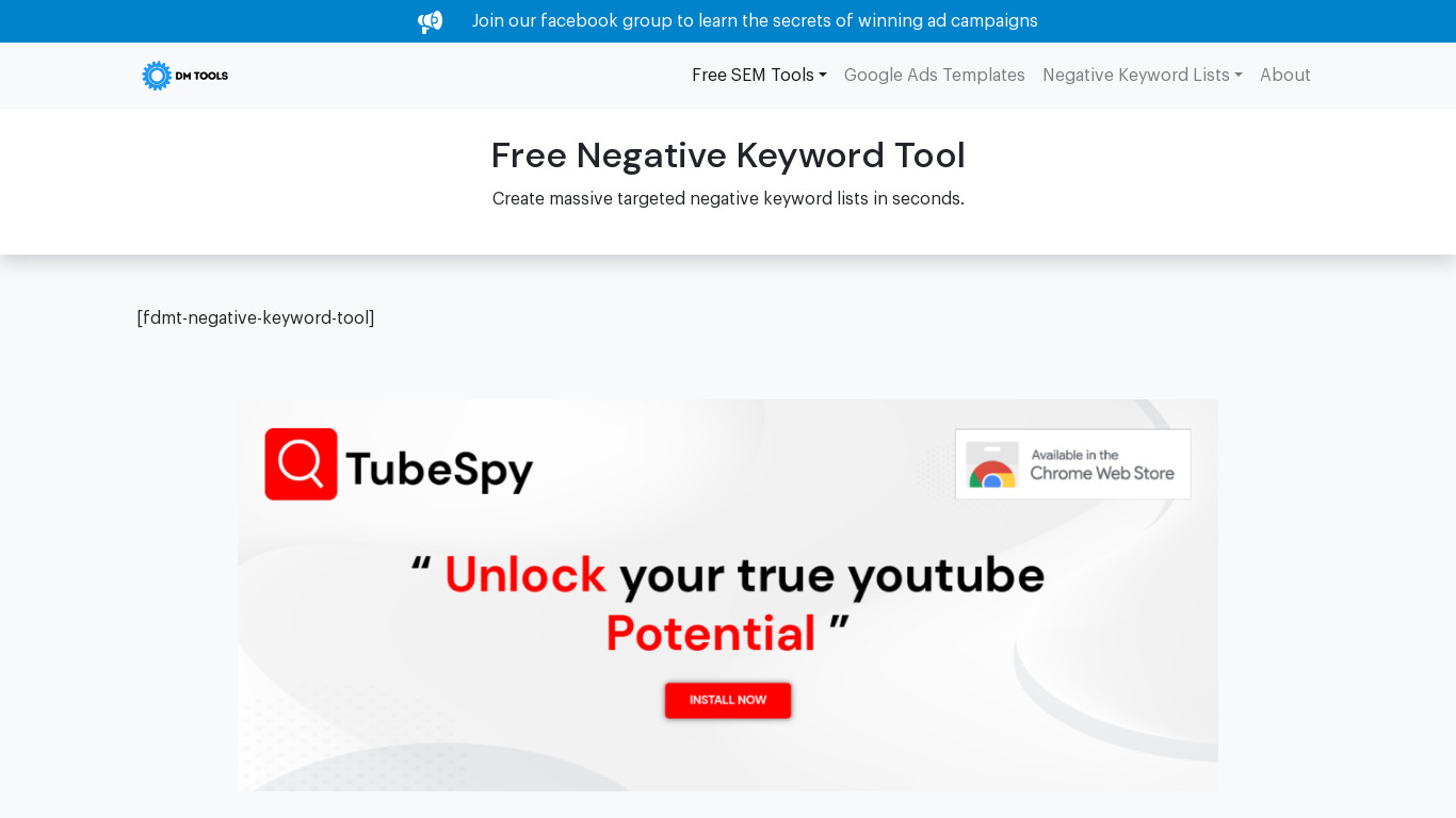 Negative Keyword Tool Landing page