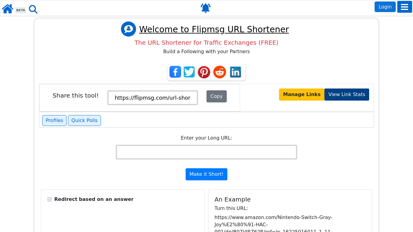 Flipmsg URL Shortener Landing page