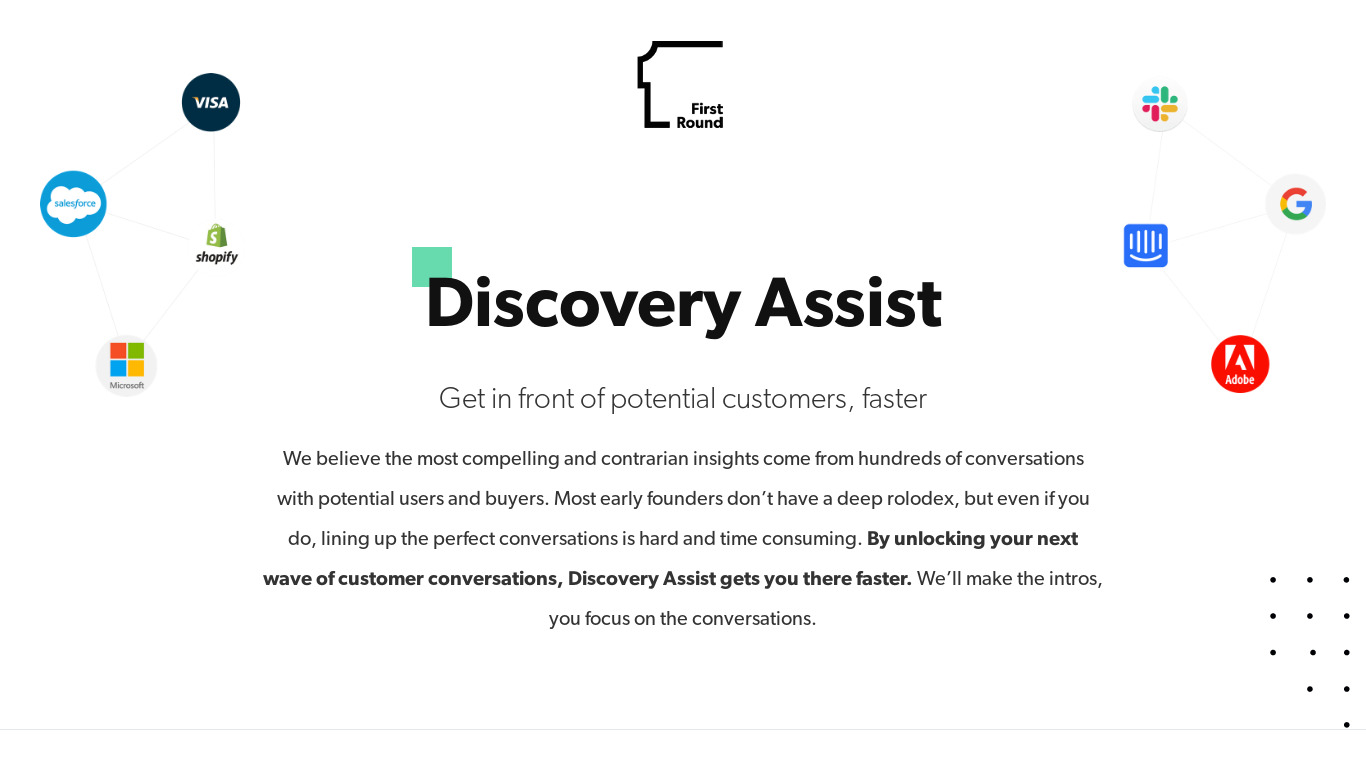 Discovery Assist by First Round Landing page