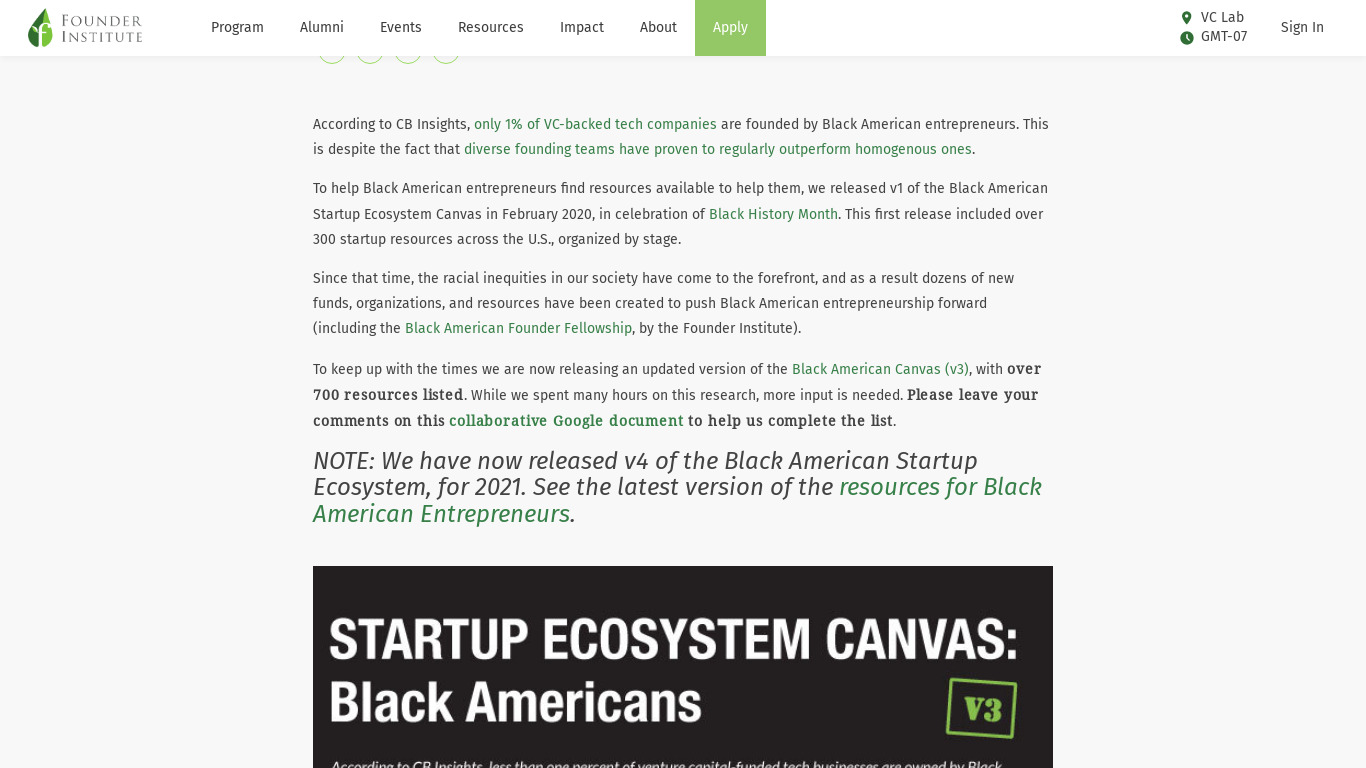 Black American Startup Resource List Landing page