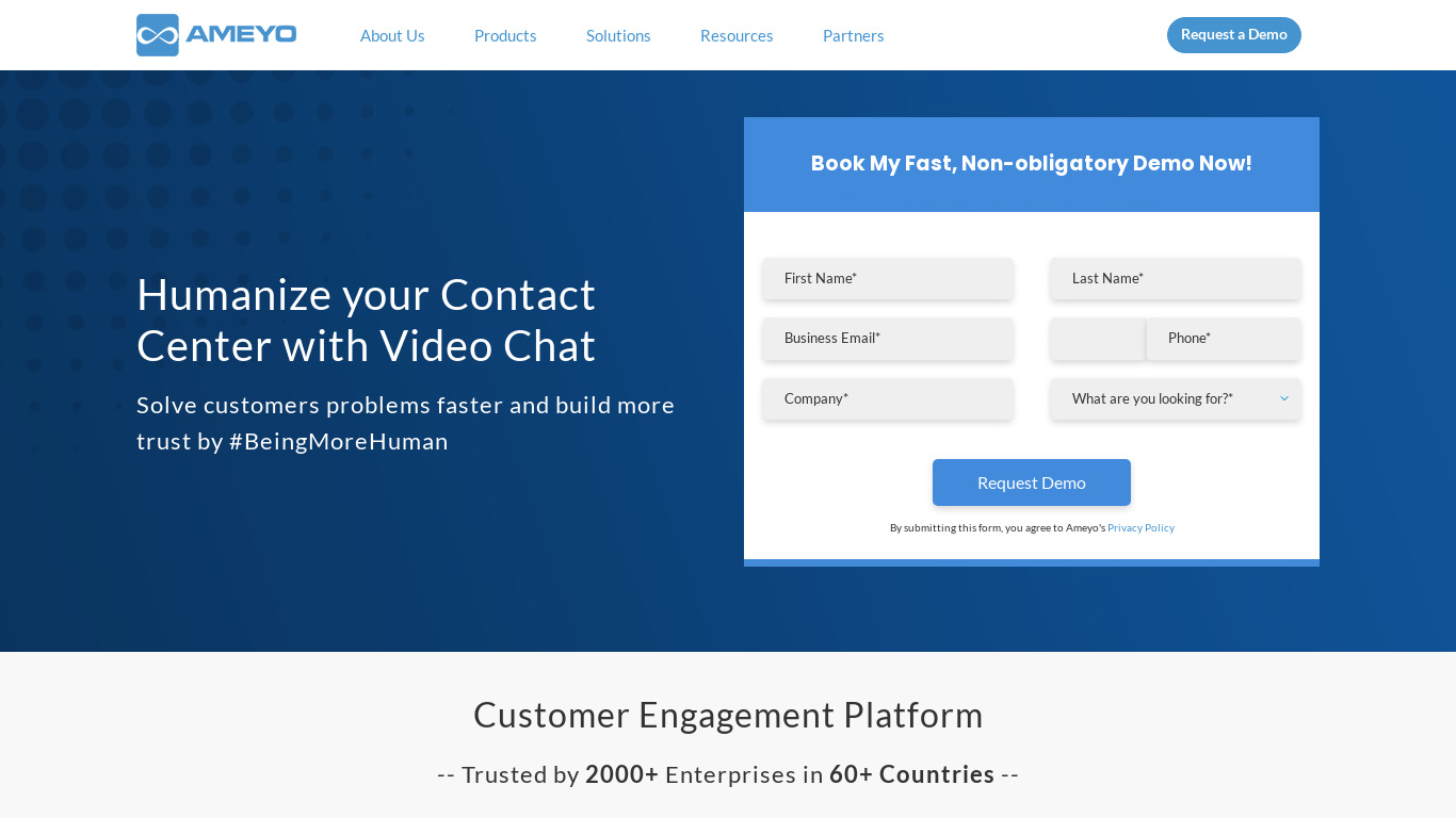 Ameyo Video Contact Center Landing page