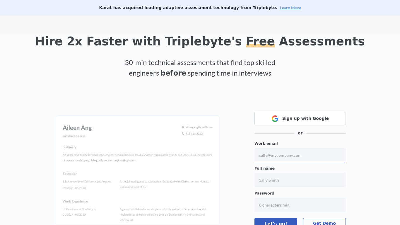 Triplebyte Screen Landing page