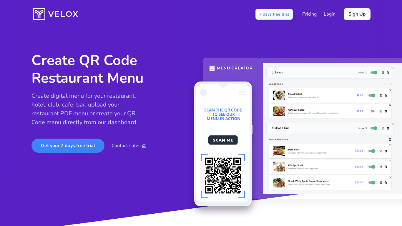 Velox Menus Landing page