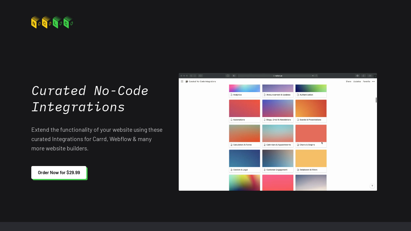 No-Code Curated Integrations Landing page