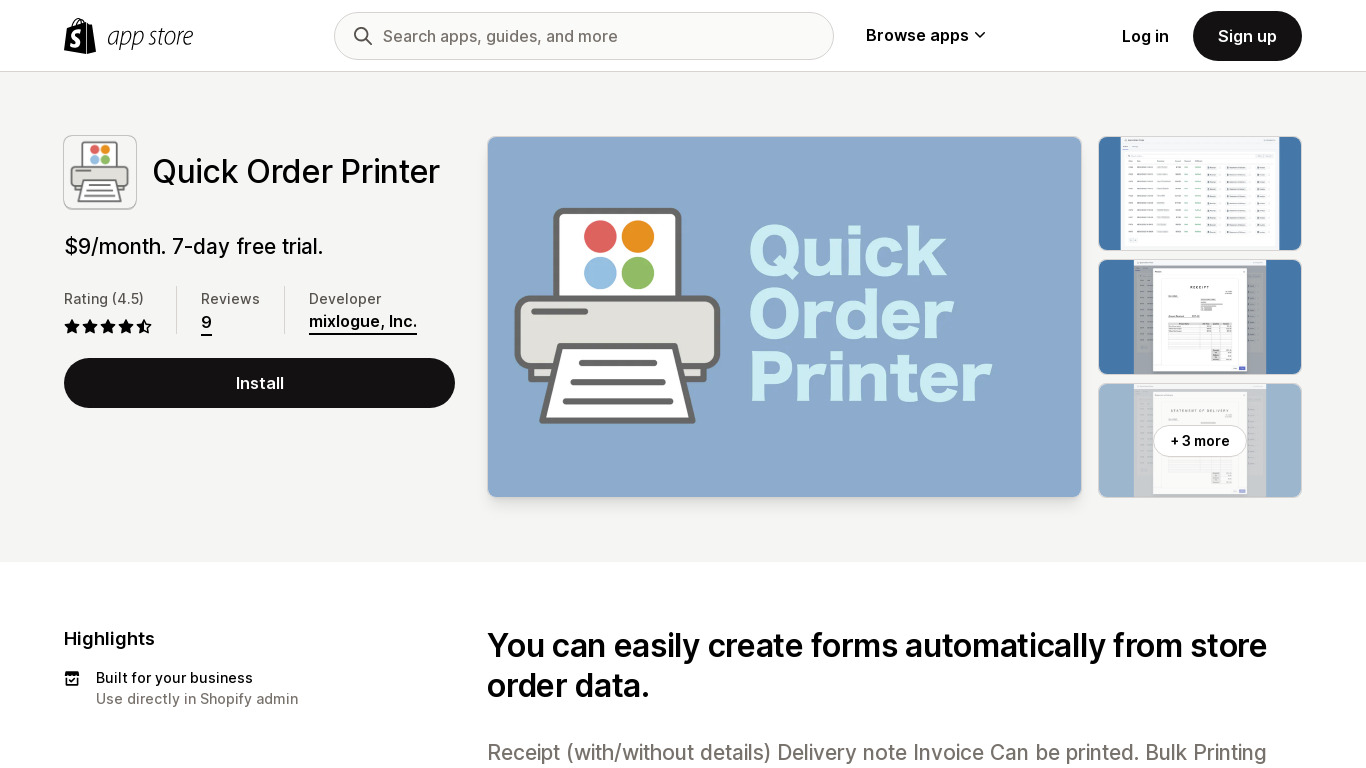 Quick Order Printer Landing page
