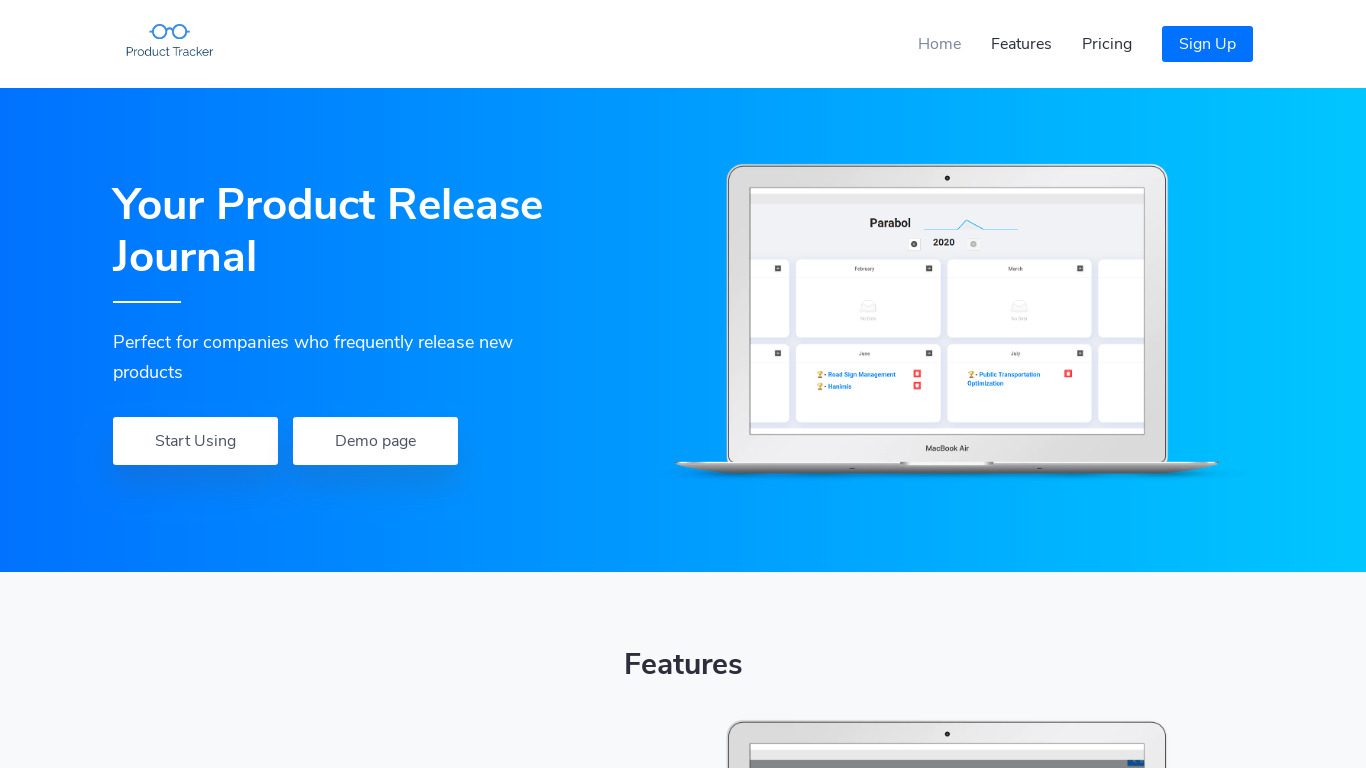 Product Tracker Landing page