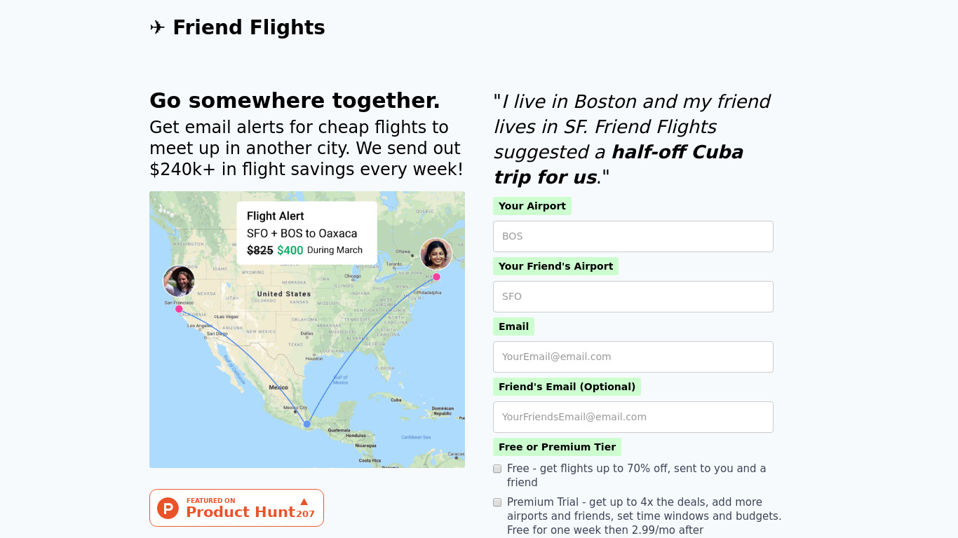 Find Friend Flights Landing page