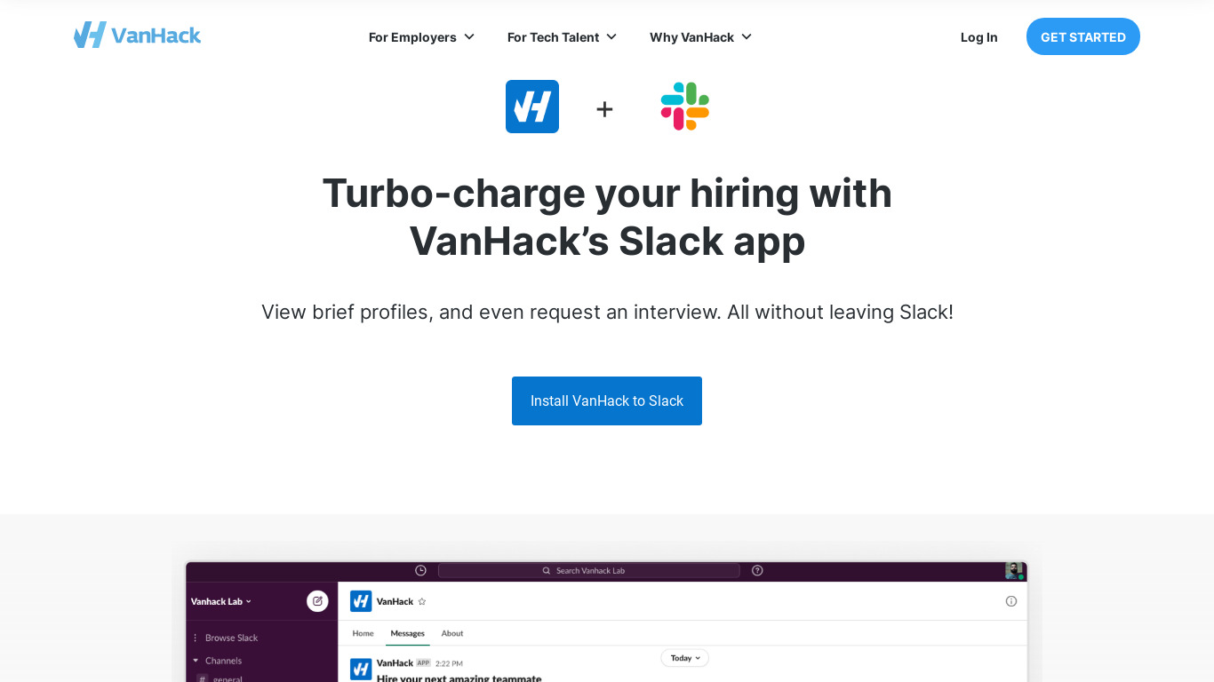 VanHack Slack App Landing page