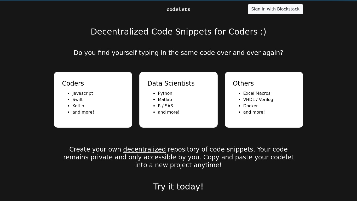 Codelets Landing page