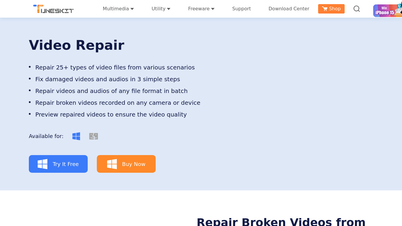 TunesKit Video Repair Landing page