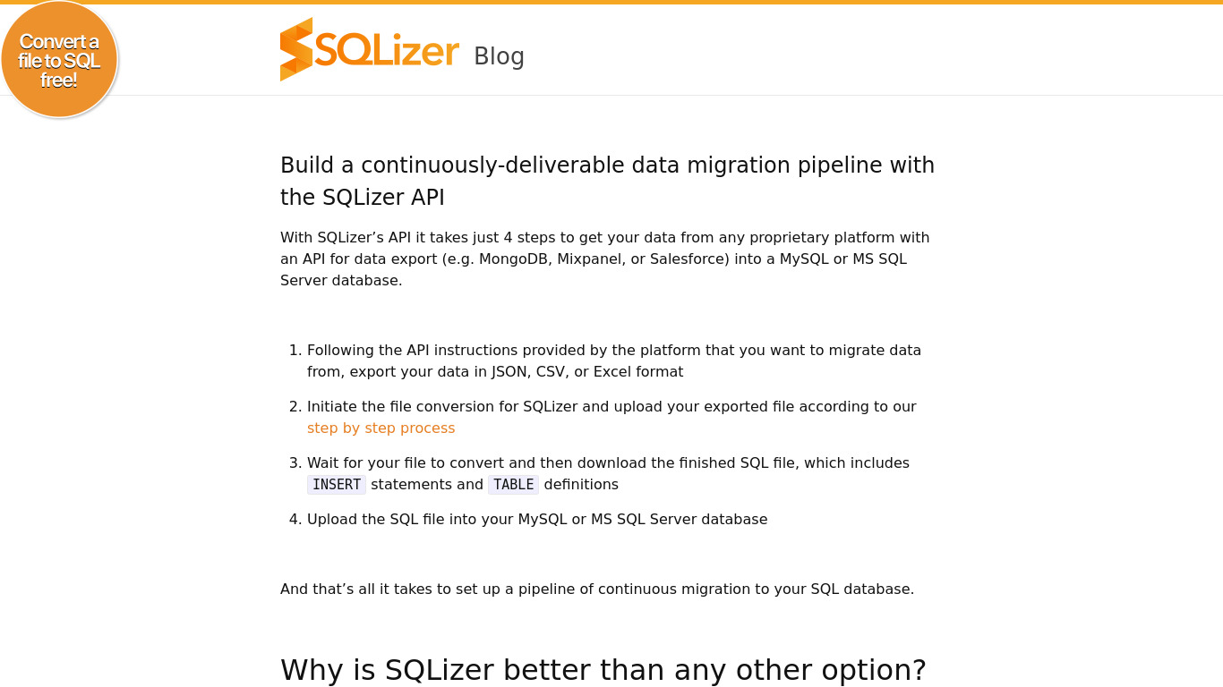 SQLizer API Landing page