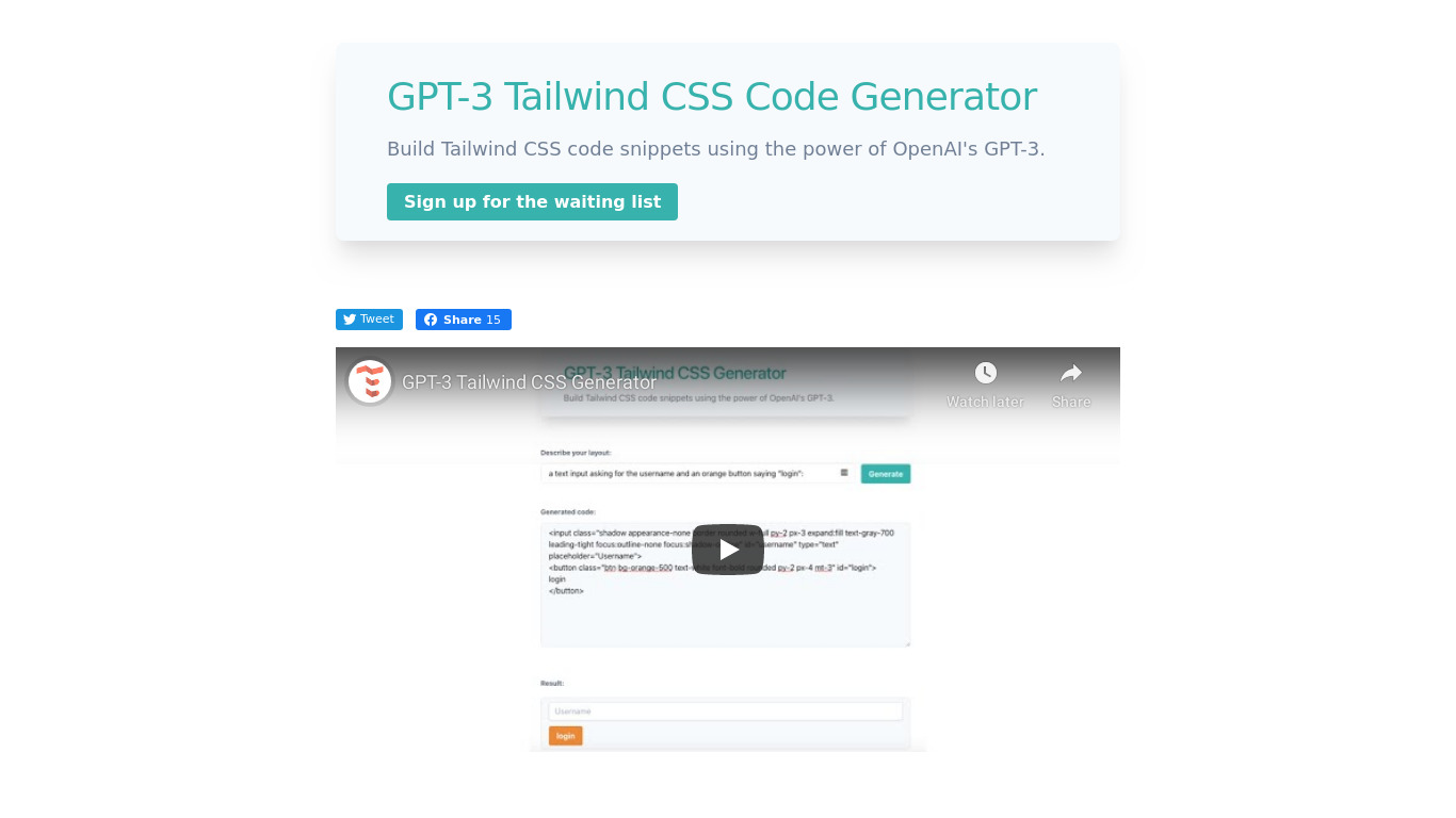 GPT-3 Tailwind CSS Landing page