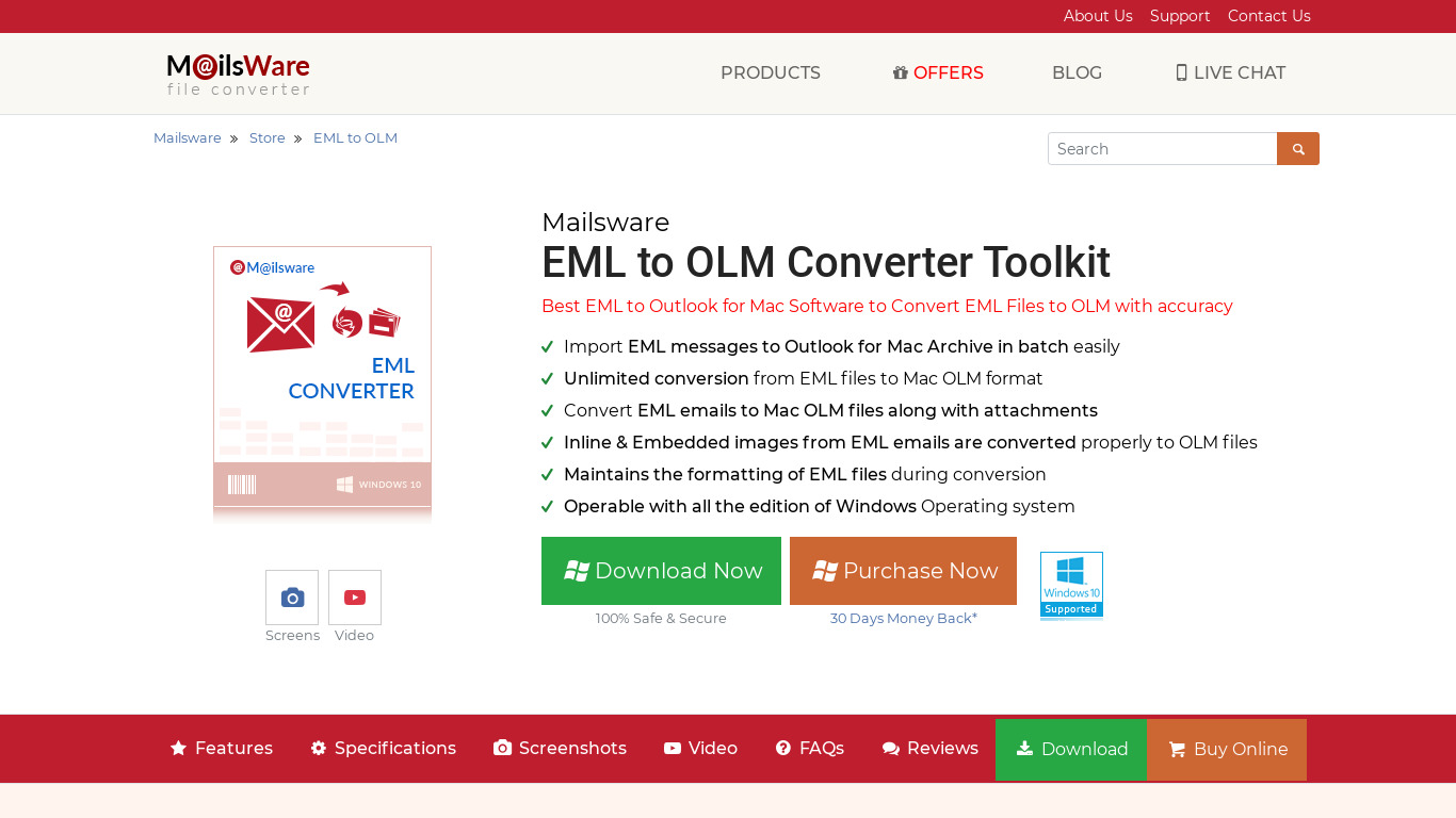Mailsware EML to OLM Converter Landing page