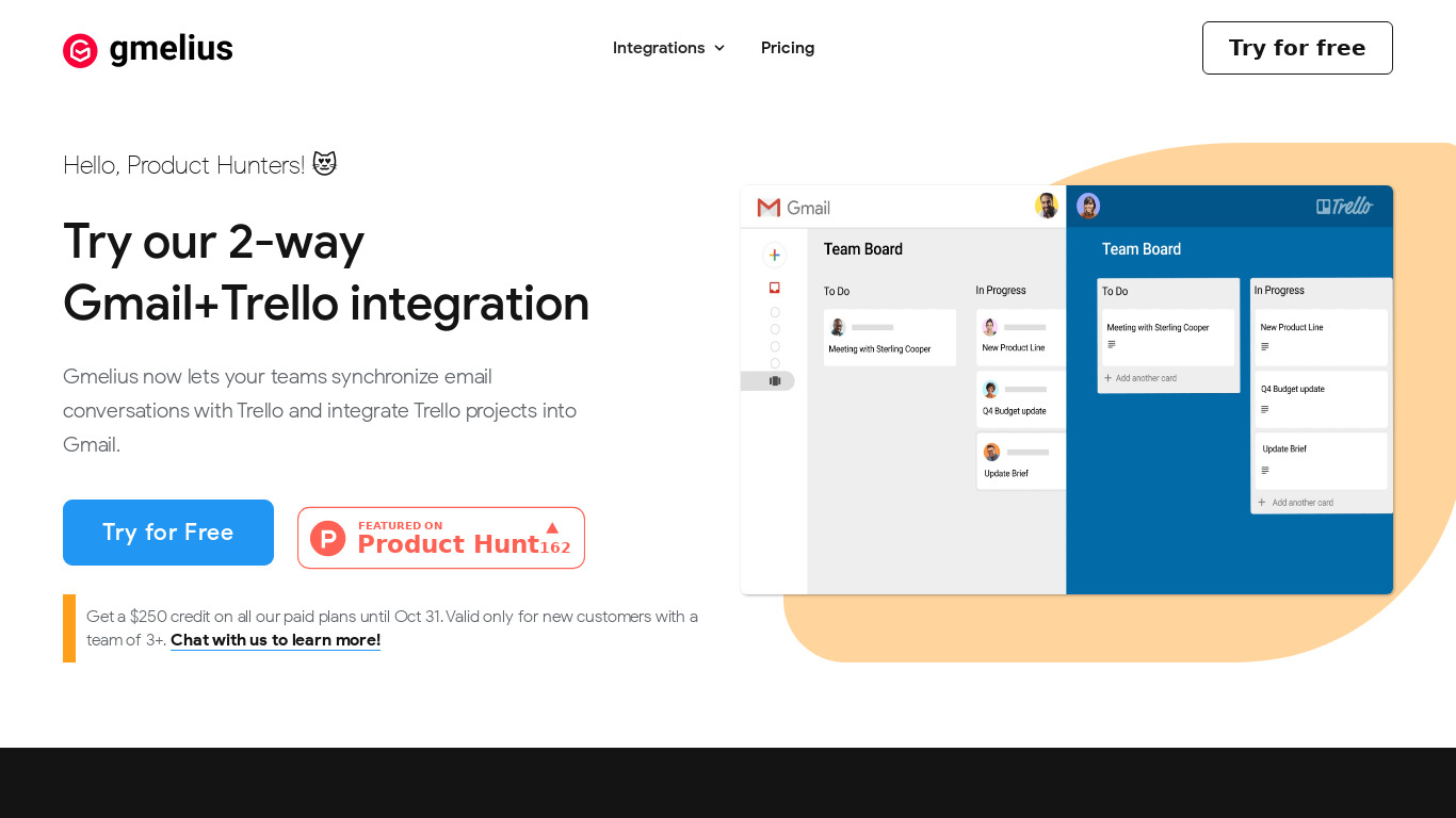 Gmail + Trello by Gmelius Landing page