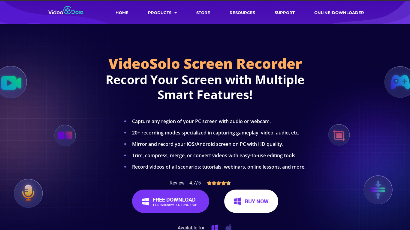 VideoSolo Screen Recorder Landing page