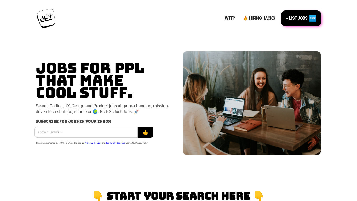 Just Startup Jobs Landing page