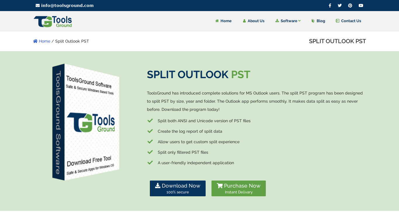 ToolsGround Split Outlook PST Landing page