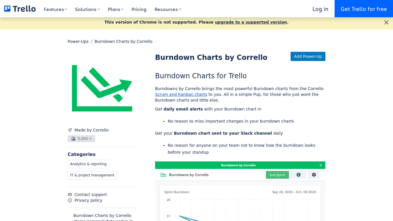 Burndown Charts for Trello Landing page