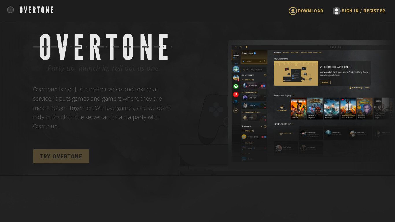Overtone - Gaming Comunication Landing page