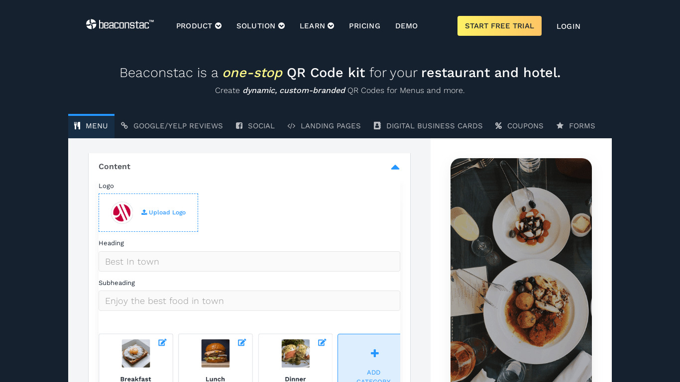 QRestaurant contactless menu Landing page