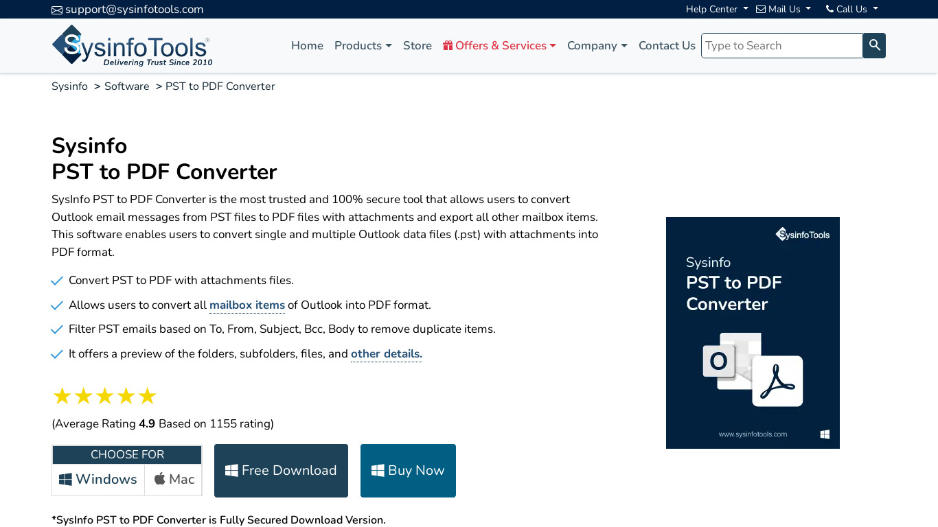 SysInfoTools PST to PDF Converter Landing page