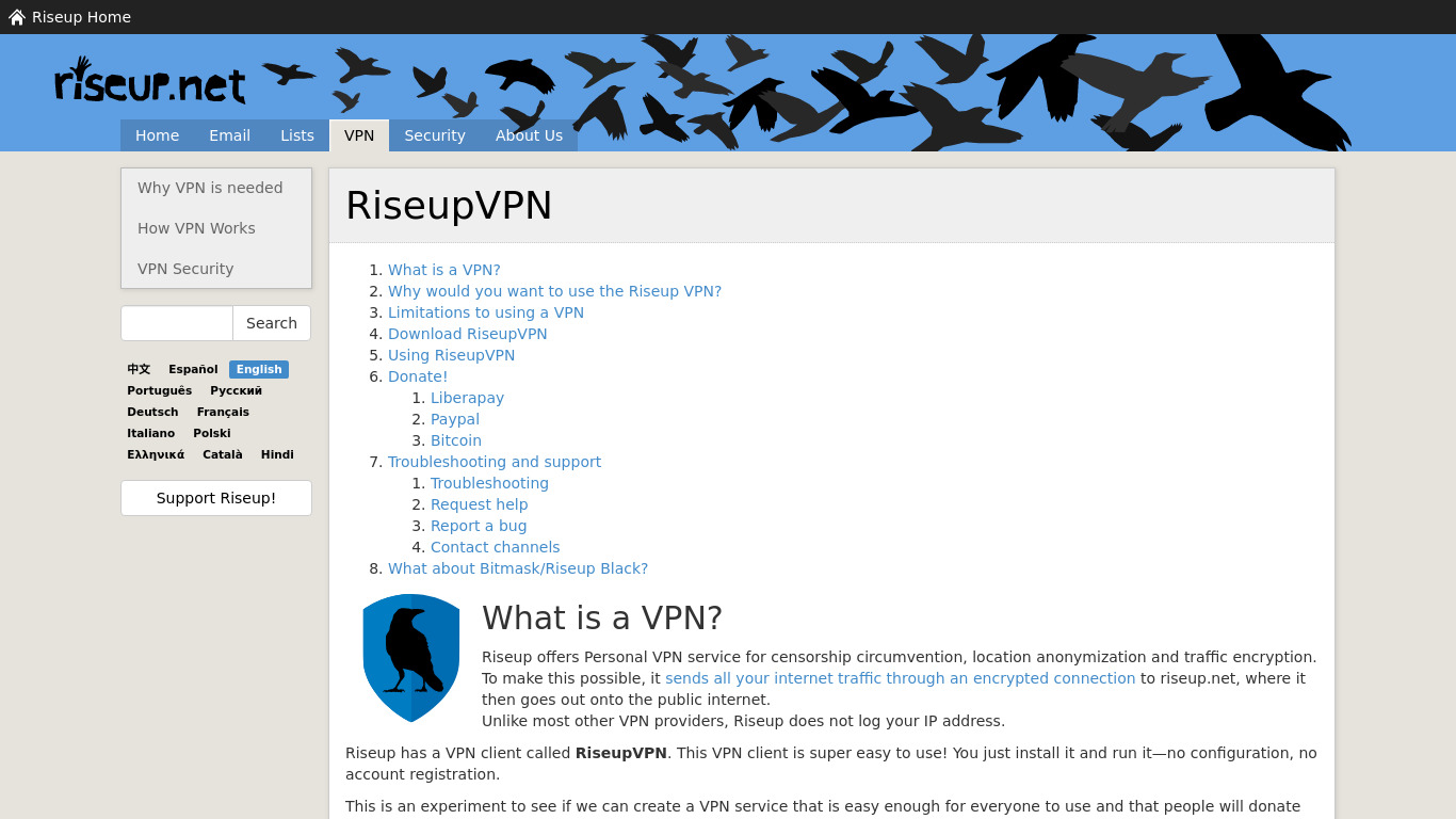 RiseupVPN Landing page