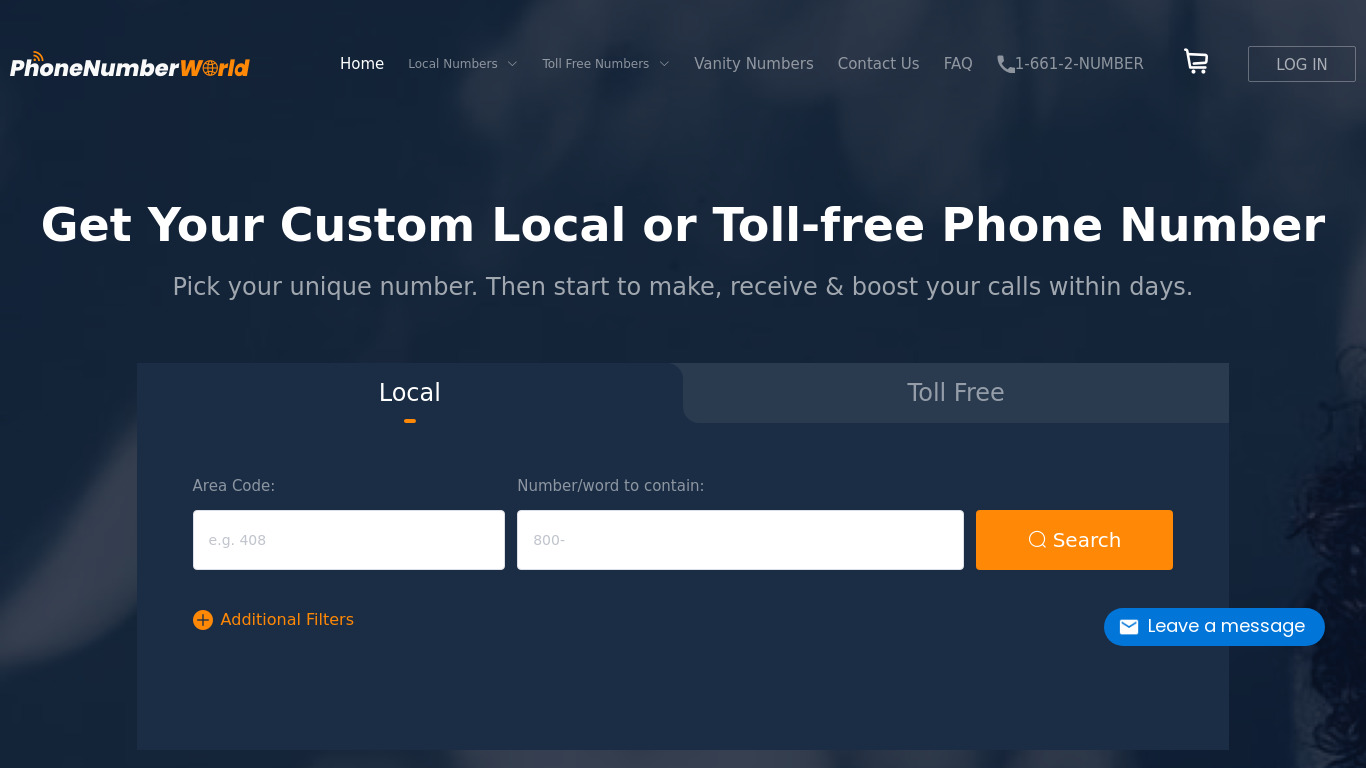 Phone Number World Landing page