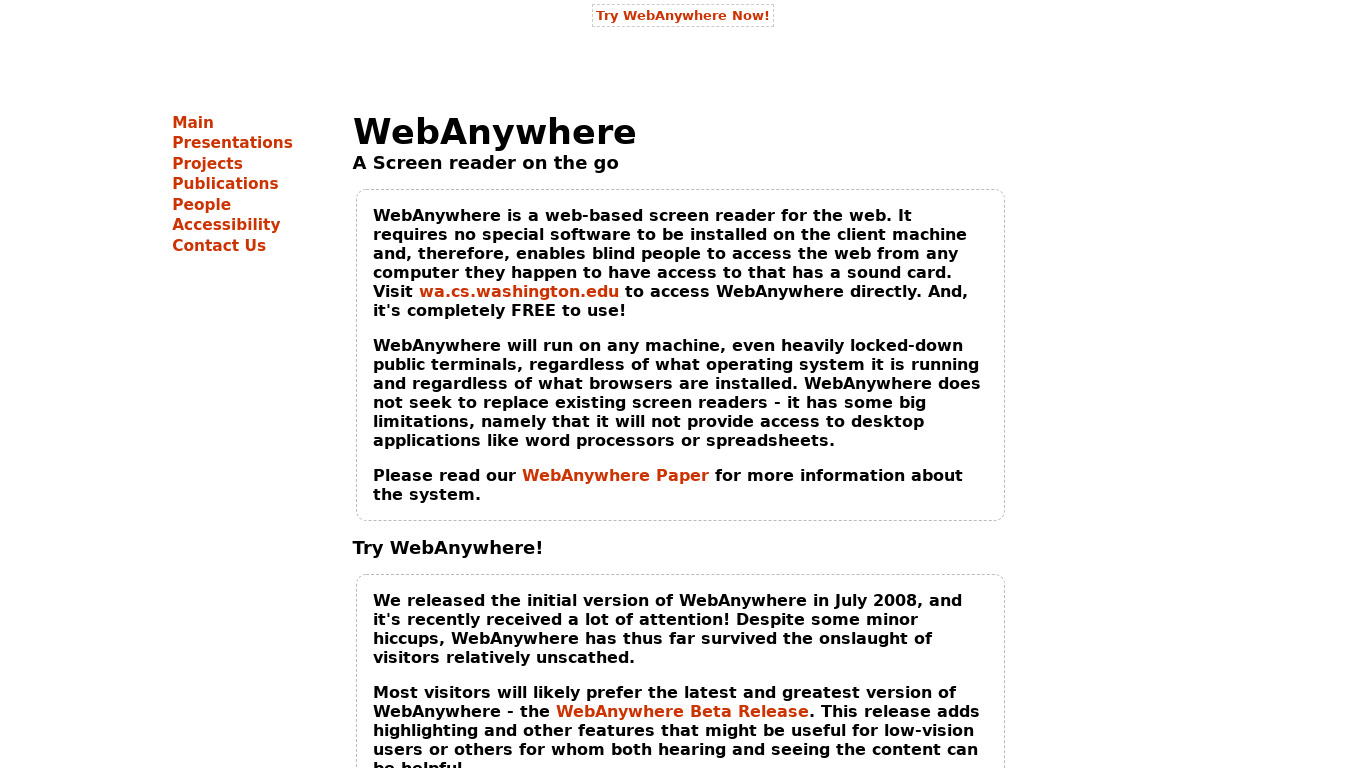 WebAnywhere Landing page