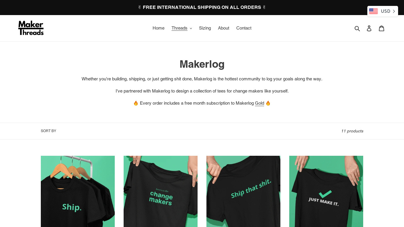 makerthreads.co Makerlog Swag Landing page