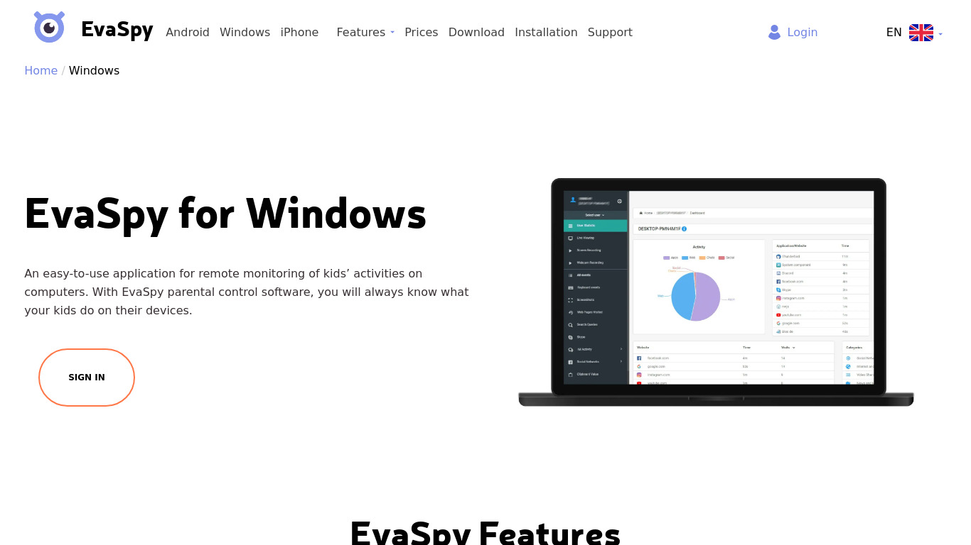 EvaSpy for Windows Landing page