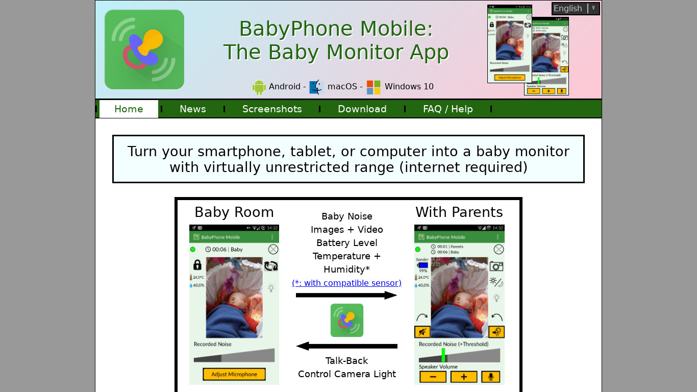 BabyPhone Mobile: Baby Monitor Landing page