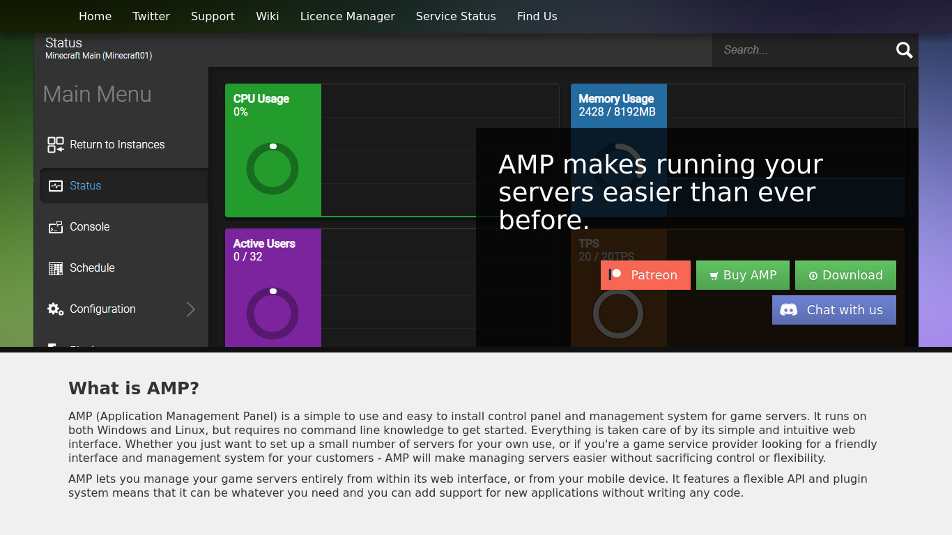 Application Management Panel (AMP) Landing page