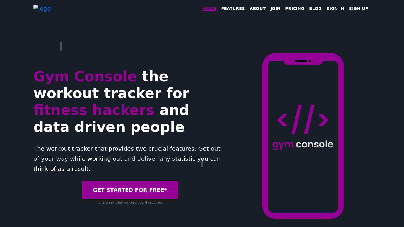 gymConsole Landing page