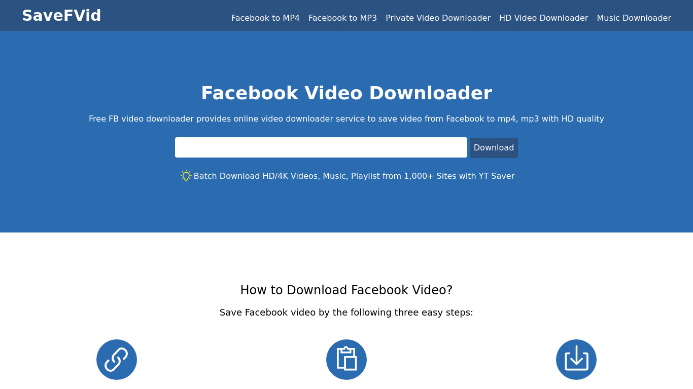 SaveFVid Facebook Downloader Landing page
