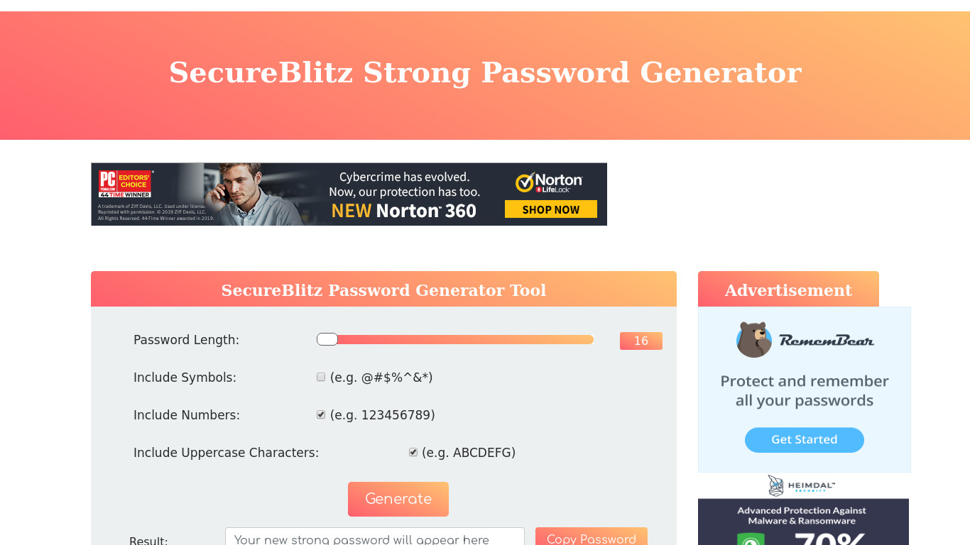 SecureBlitz Strong Password Generator Landing page