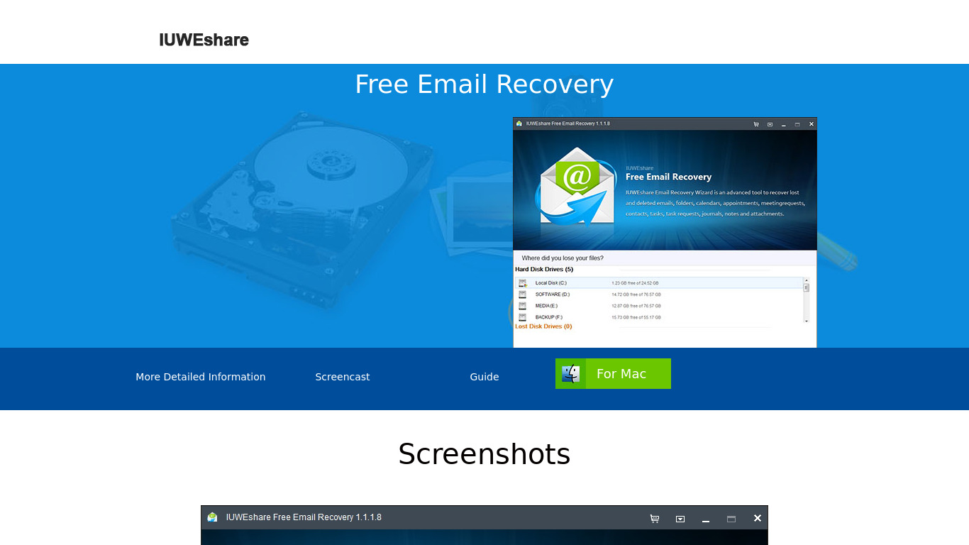 IUWEshare Free Email Recovery Landing page