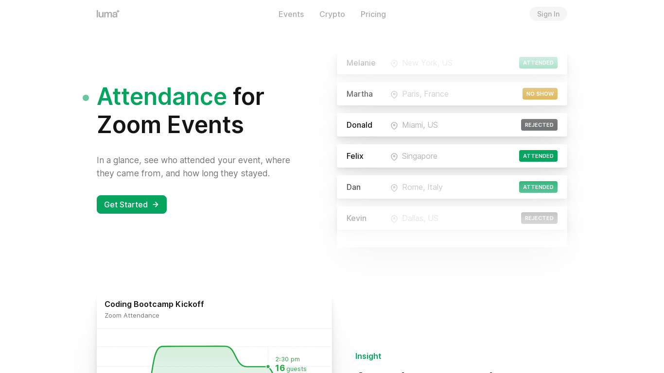 Zoom Attendance Tracking by Luma Landing page