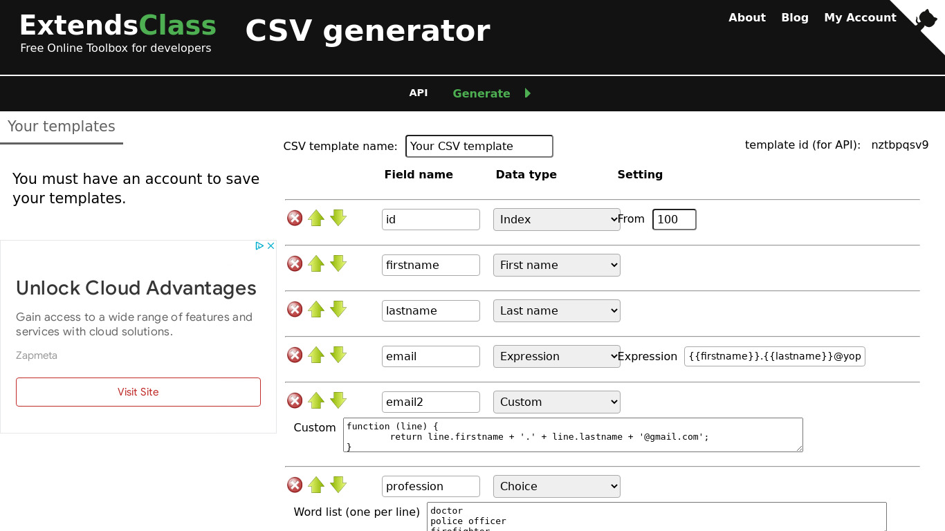 CSV Generator Landing page